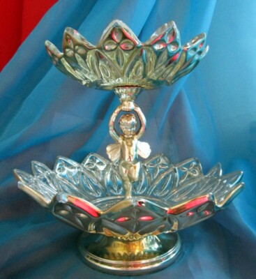 Rare Vintage Silver Glass 2 Tier 8'' x 8'' Large Dish With  Cherub Nutrend Label