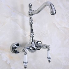 Polished Chrome Ceramic Handles Wall Mount Sink Faucet Bath Basin Mixer Tap