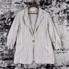 Halston Blazer Womens Size Medium Striped Linen Tiered 3/4 Sleeve Career Office