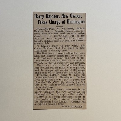 Harry Hatcher Huntington Bees West Virginia 1939 Sporting News Baseball 2X4