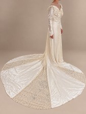 Vintage 1940s Liquid Silk Satin Wedding Dress With Lace Sz Xs