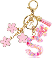 Resin Alphabet Initial Letter Keychain Tassel Flower Pendant Key Ring for Purse
