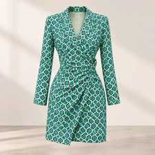 ZARA S Women's Blue & Green Geometric  Print Wrap Dress  Long Sleeve Mini Dress