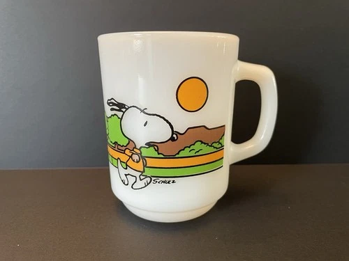 Mint Vintage Snoopy Fire King Milk Glass Mug - 1958 - Keeping Fit Is Hard Work