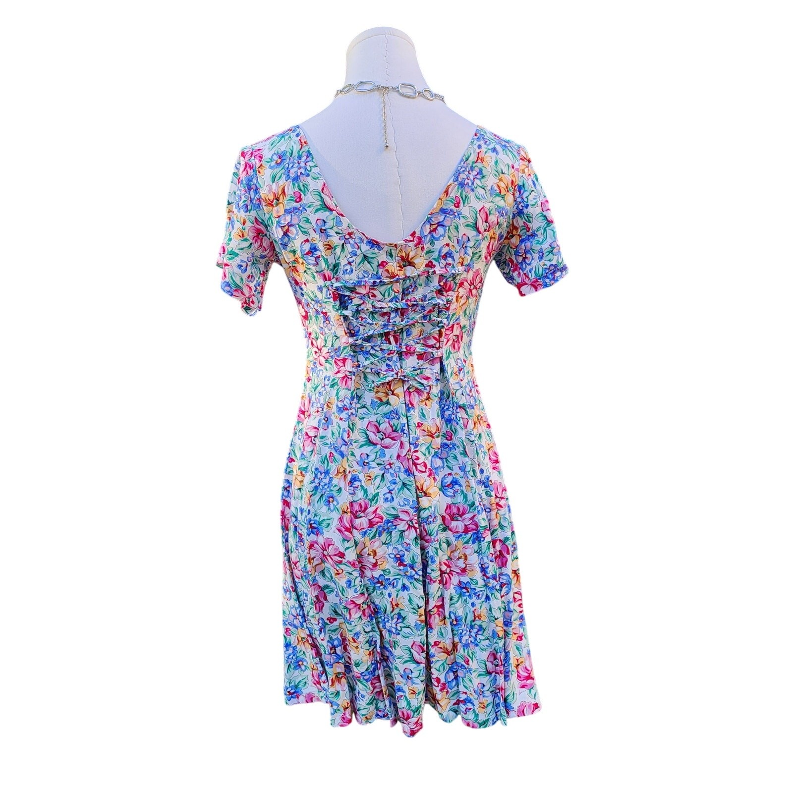 Colorful Floral Midi Lace Up Flowy Rayon Summer Ditsy Vacation Skater Dress Sz S