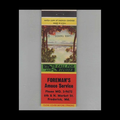 Matchbook Cover Amoco Gas Station Foreman's Amoco Service Frederick, MD
