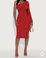 Red One-Shoulder Midi Bodycon Dress & Pink V-Neck Ruffle Sleeve Dress