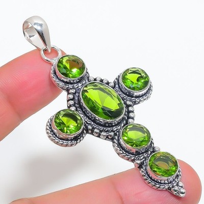 Green Peridot Gemstone Handmade 925 Sterling Silver Jewelry Pendant Size 2.5''