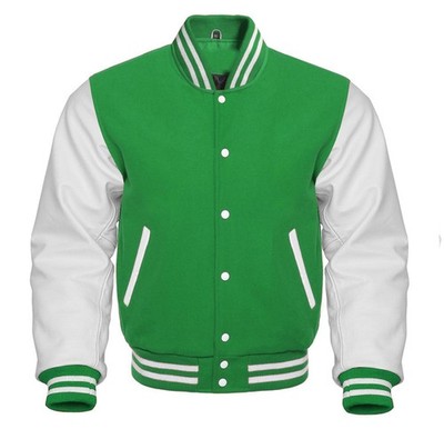 Varsity Retro Sports Jacket Wool Body White Leather Sleeves Baseball Bomber Coat