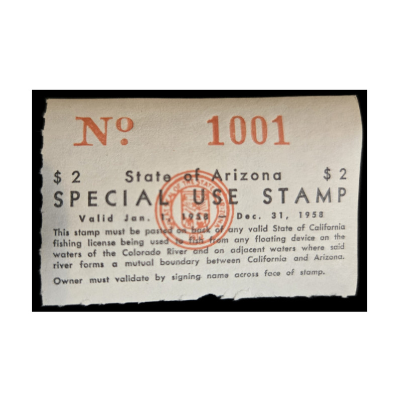 1958 Arizona Special Use Stamp $2 Colorado River Fishing License #1001 Vintage