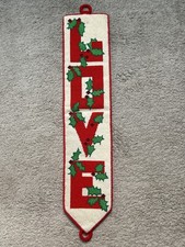 Handmade Needlepoint Christmas Wall Hanging LOVE With Holly Red Green 5.5x25