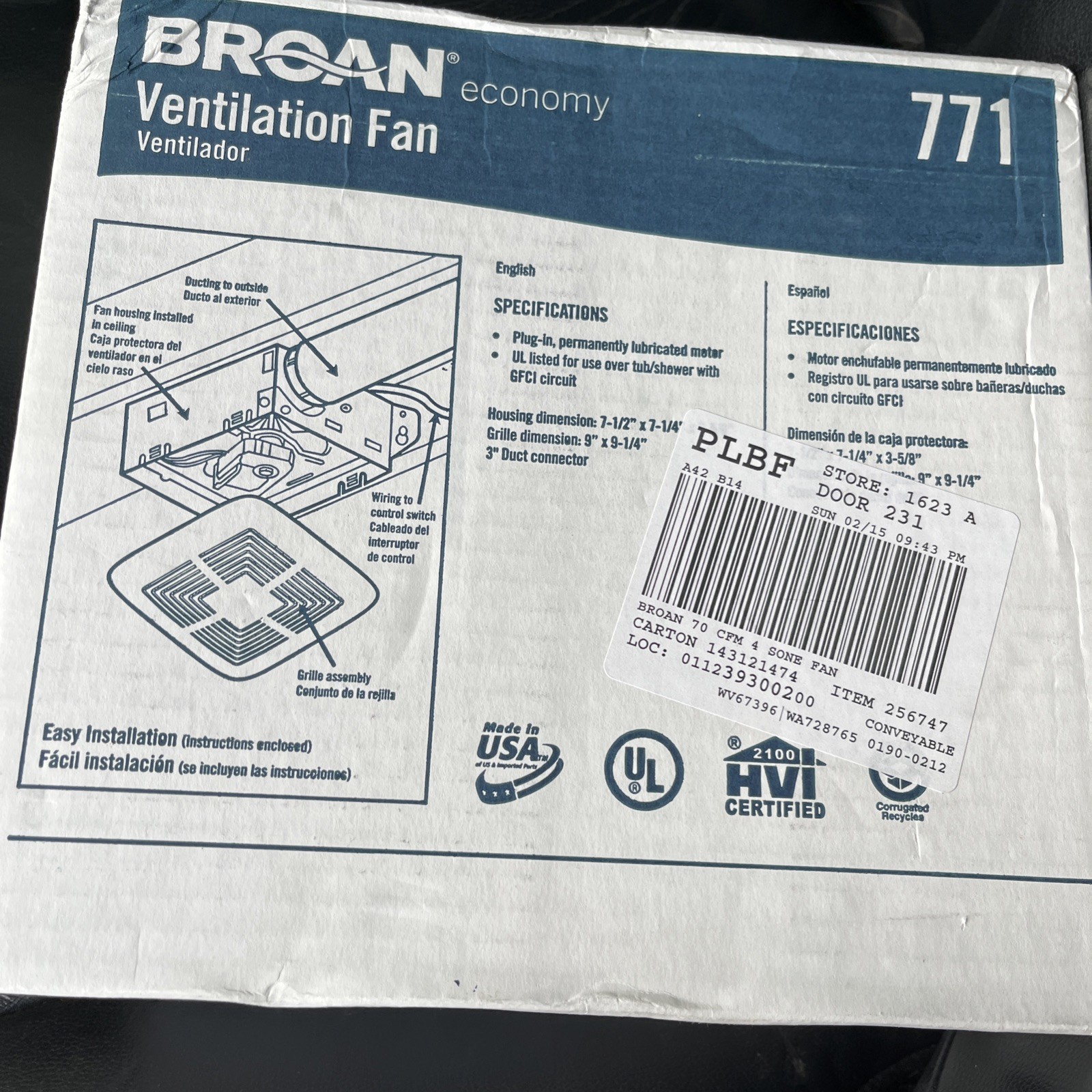 Broan 70 CFM 4.0 Sones Bathroom Ceiling Wall Vent Fan 771