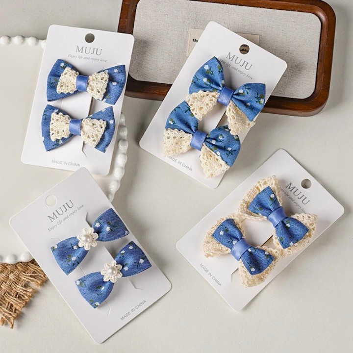 MUJU Girls Floral Fabric Lace Bow Hair Clip 1Set 8pc 6cm Blue/White D297