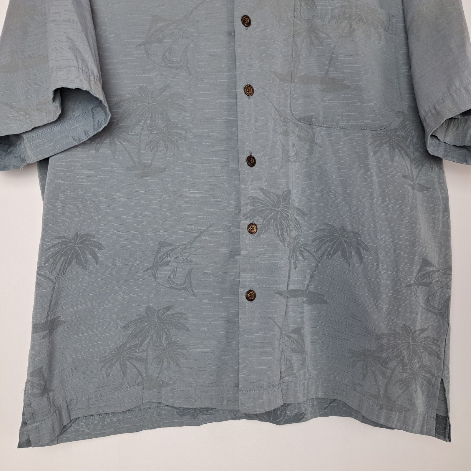 AFTCO Bluewater Hawaiian Shirt Mens Large Gray Button Up S/S Palm Trees Embossed