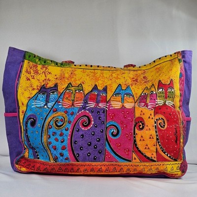 Vtg Laurel Burch Fantastic Felines Canvas Tote Bag Purple Large Cat Print Bag