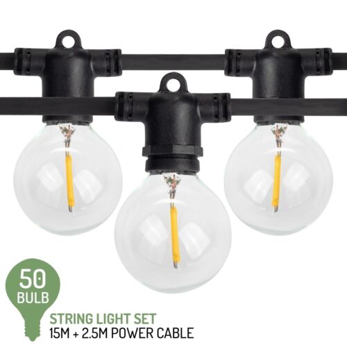 Valiant LED Outdoor String Lights - 15m with 50 x E12 G40 Bulbs - Mains Powered - Picture 1 of 10