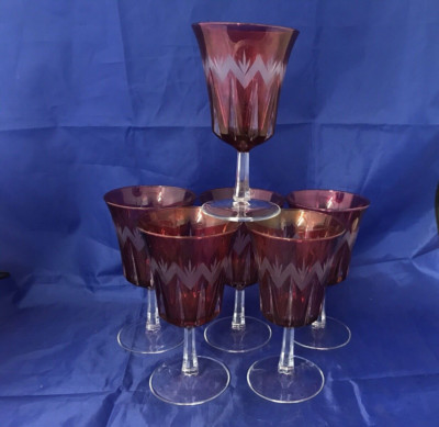 6er Set Vintage Weingläser Cranberry rot geätzt 14,5 cm hoch - PORTOFREI