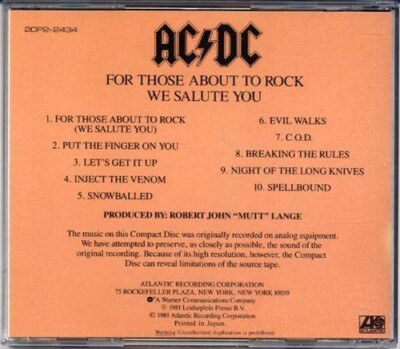 AC/DC For Those About To Rock JAPAN 2nd Press CD 1988 20P2-2434 W
