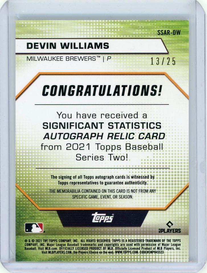2021 Topps Series Two Baseball Red Relic Autograph #SSAR-DW Devin Williams 13/25 - Image 2 of 2