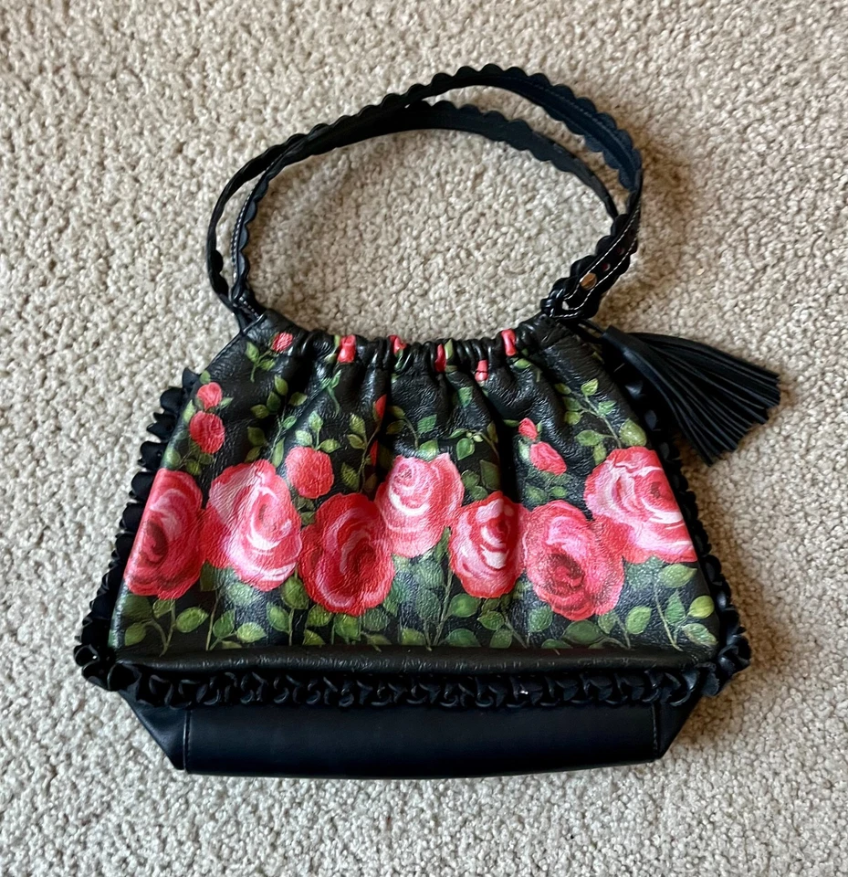 Vintage VTG Isabella Fiore Black Red Rose Floral Leather Handbag Painted Purse - Image 2 of 4