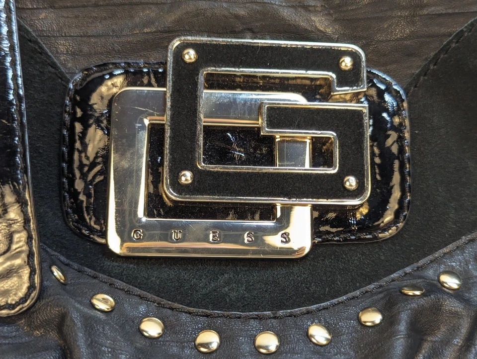 GUESS винтажный Y2K женщин черный большой логотип печать застежки сумочки сумка подержанные - Изображение 4 из 4