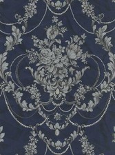 Image of Debona Perla Floral Damask Wallpaper Textured Vinyl Navy Metallic Glitter