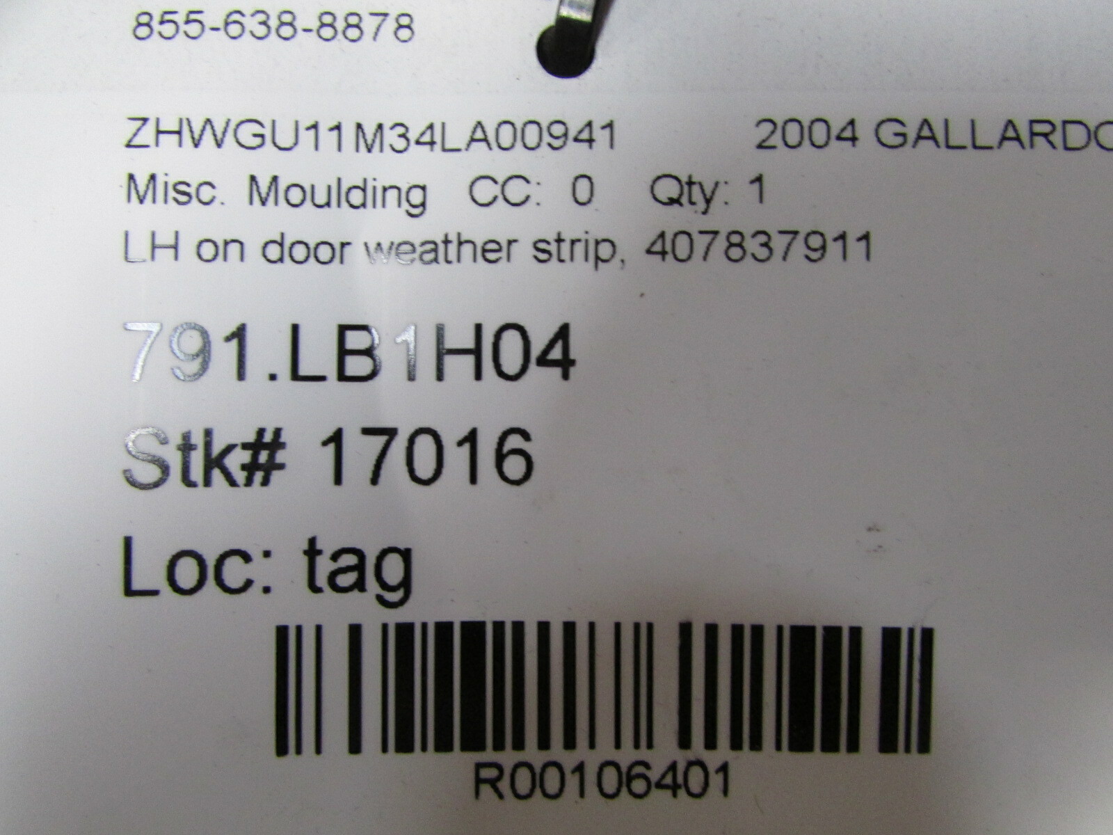 Lamborghini Gallardo,Left, LH, Door Weather Stip Moulding, Used, P/N 407837911