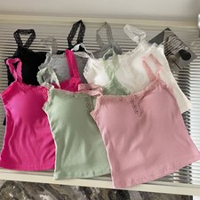 Ladies Plain Cotton Vest Tops Lace Trim Neck Cami Tank Strappy Camisole Tee