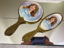 Antique Portrait Vanity Set Brush & Beveled Hand Mirror Hand Painted Porcelain