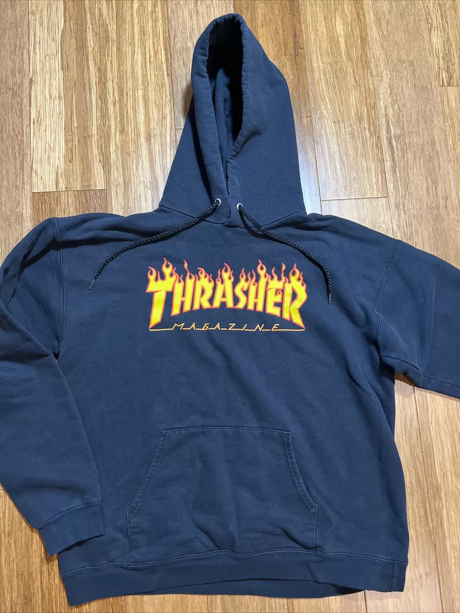 Thrasher Sweater Mens Medium Black Red Orange Flame Logo Retro Faded Hoodie Y2K