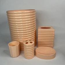 Vintage 5 Pc BATH ACCESSORIES SET Sally Designs Trash Bin Soap Dish Tissue Cover