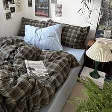 Vintage Brown  Blue Buffalo Plaid Duvet Cover Set King Size - 3 Piece Washed