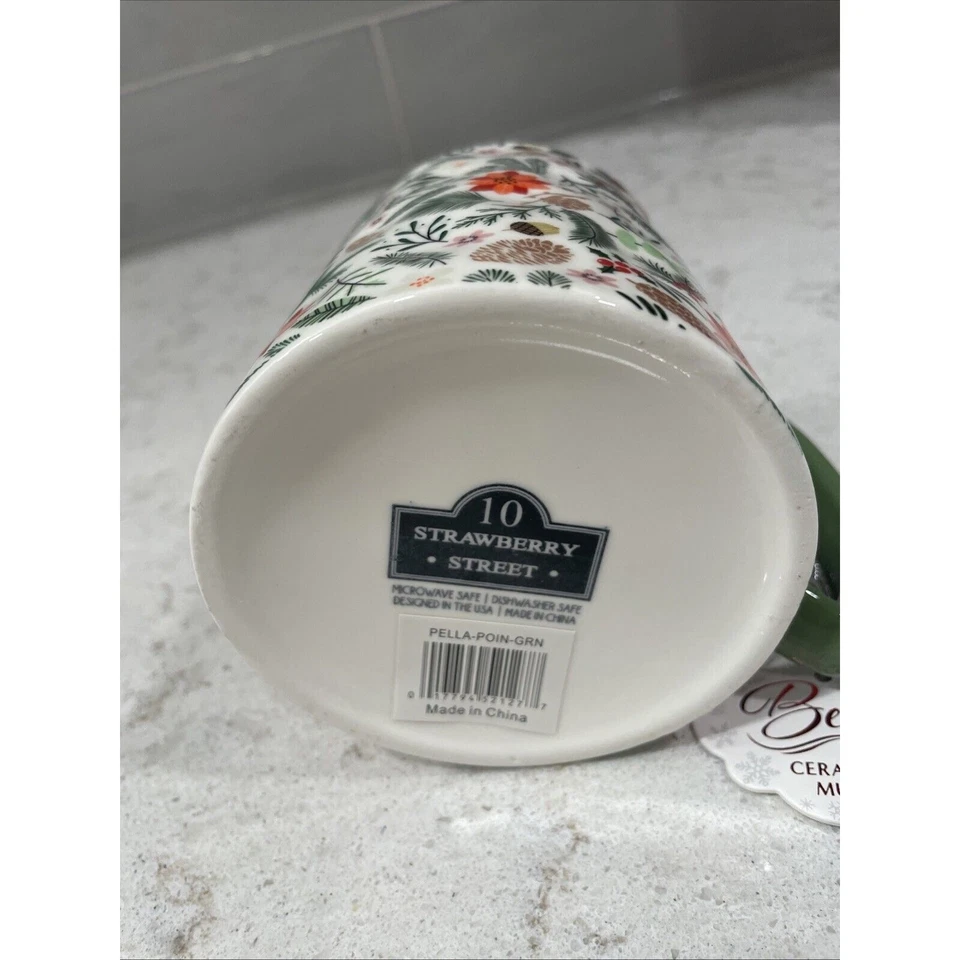 Taza POINSETTIA 16 oz por 10 Strawberry Street Bella Floral Navidad Borde Verde NUEVO Foto 4 de 4