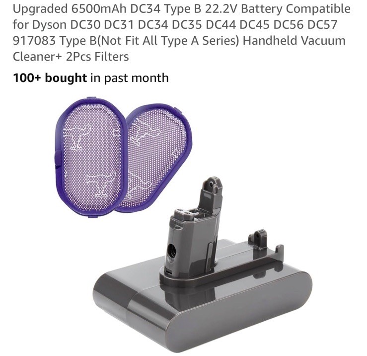 For Dyson 6500mAh Battery for DC34 Type B Vacuum, Fits DC30-57