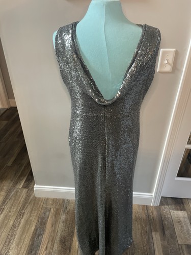 Dessy Collection Women’s Silver Sequin Gown Maxi Dress Front Slit Cowl Back - Picture 4 of 9