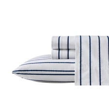 Brenton Stripe Navy Blue Cotton Bed Linen Set Deep Pocket Fitted Sheet Pillow...