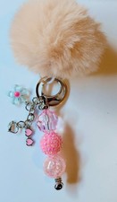 Pink Faux Fur Pom Pom Heart Charm Key Chain w/ Beaded Accents, Beige