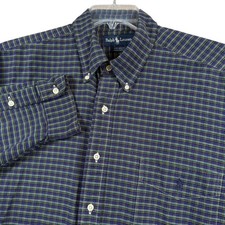 Ralph Lauren Big Shirt Mens XL Navy Green Plaid Cotton Button Down Long Sleeve