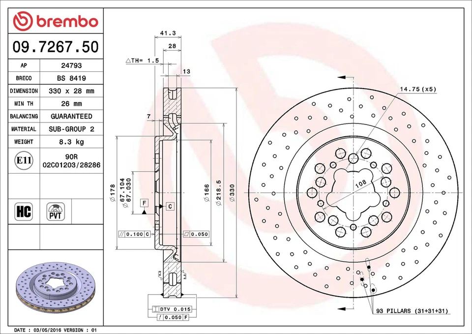 Juego de 2 discos de freno ventilados para Ferrari 360 F131 3.6 99 a 05 F131B40 330 mm Foto 3 de 4