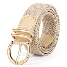 Women Braided Woven Elastic Stretch Belt Canvas Fit Size 25"-28" B-beige