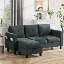 L-Shaped Couch 3 Seat Sofa Set with Linen Fabric and Ottoman Small Couch for Apa