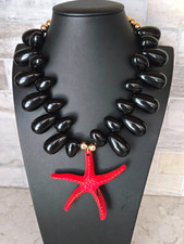 Bohemian Large Red Starfish Pendant / Black Acrylic Beads Necklace