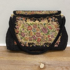 Vintage Beaded Needlepoint Tapestry Handbag Black Floral