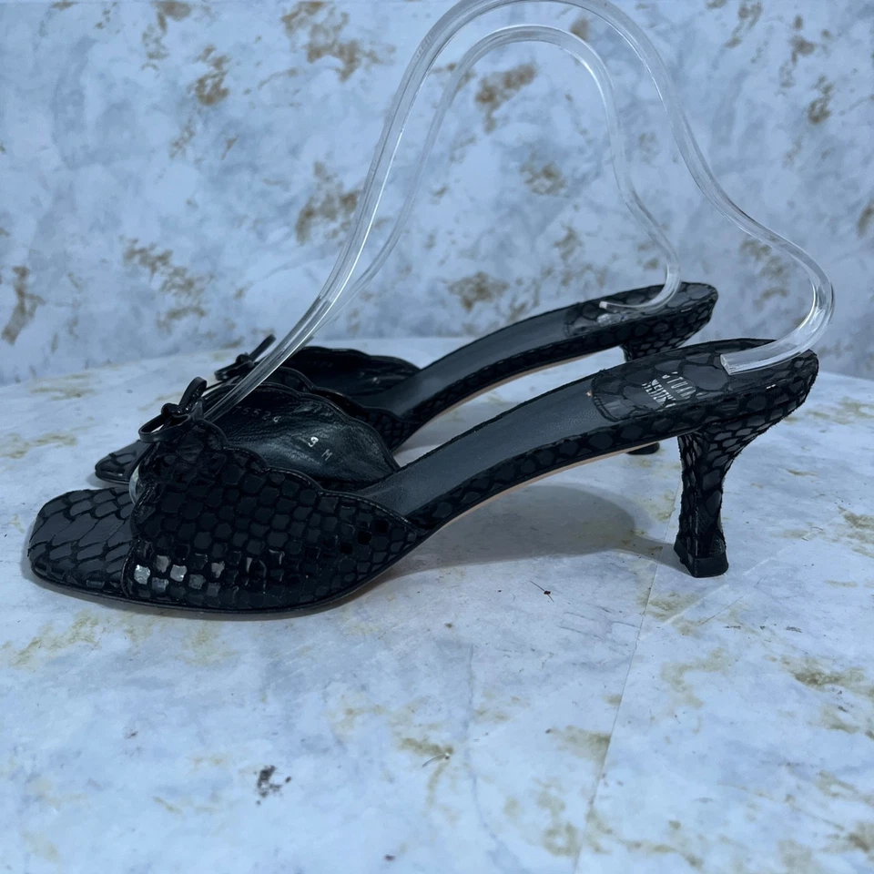 Stuart Weitzman 女式 9M 码鞋黑色皮革蝴蝶结活动职业时尚鞋跟 — 第 4/4 张图片