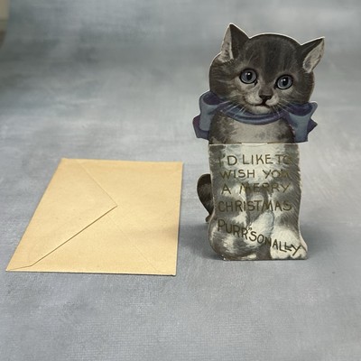 Vtg DieCut Gray Tabby Cat Kitten Standing Christmas Card Merry Xmas NOS  W Env