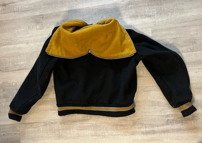 Vintage 80s Delong Wool Letterman Varsity Jacket Hooded Black Yellow 1984