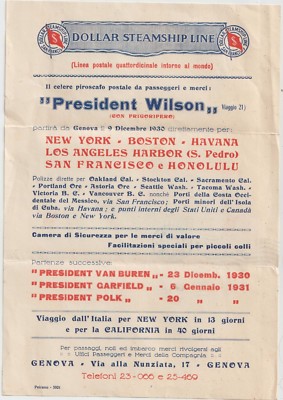 ITALY 1930 GENOA DEPARTURE SHIP PRESIDENT WILSON DOLLAR STEAMSHIP LINE