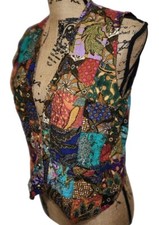Vntg Handmade Patchwork Vest Button Lined Sz LARGE Beads Sequins Quilted Boho