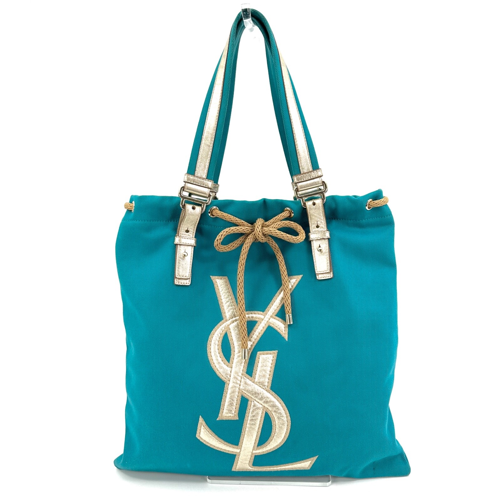 Yves Saint Laurent Kahara Green Canvas YSL Logo Tote Bag Purse