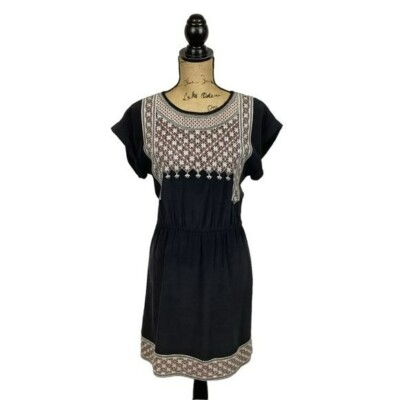 Madewell Embroidered 100% Silk Dress Black | eBay